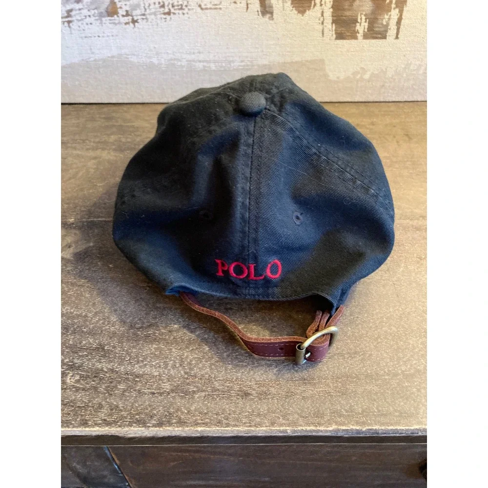 Polo Ralph Lauren Black Cotton Baseball Cap Red Pony Leather Strapback Hat